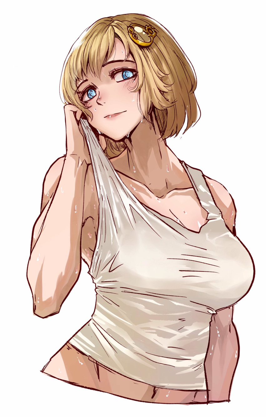 1girl blonde_hair blue_eyes blush bob_cut breasts cleavage collarbone commentary hair_ornament highres hololive hololive_english midriff mistimagi monocle_hair_ornament muscle muscular_female simple_background sweat tank_top watson_amelia white_background