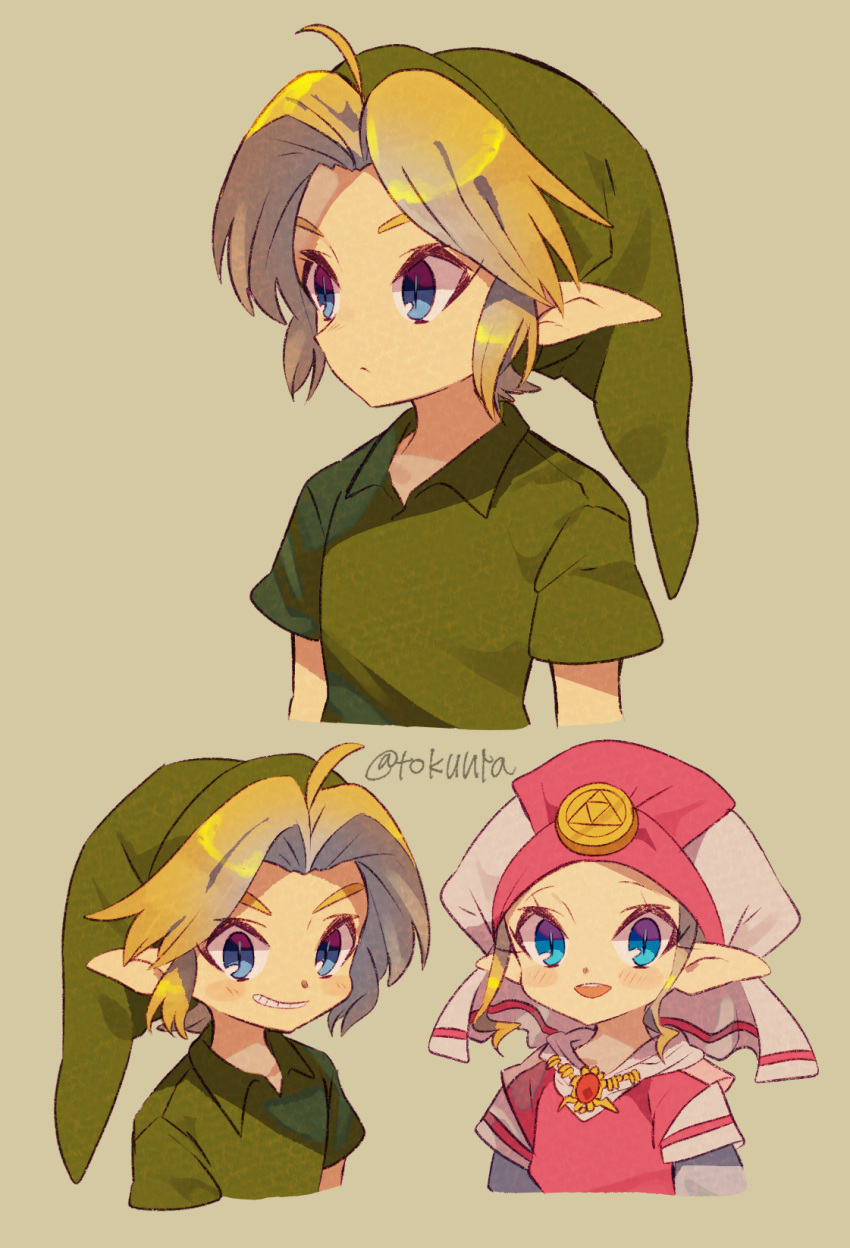 1boy 1girl ahoge artist_name blonde_hair blue_eyes character_request closed_mouth collared_shirt commentary_request eyelashes green_headwear green_shirt grey_background hat highres jewelry link looking_at_viewer multiple_views open_mouth pointy_ears shirt short_sleeves sidelocks smile teeth the_legend_of_zelda tokuura triforce watermark