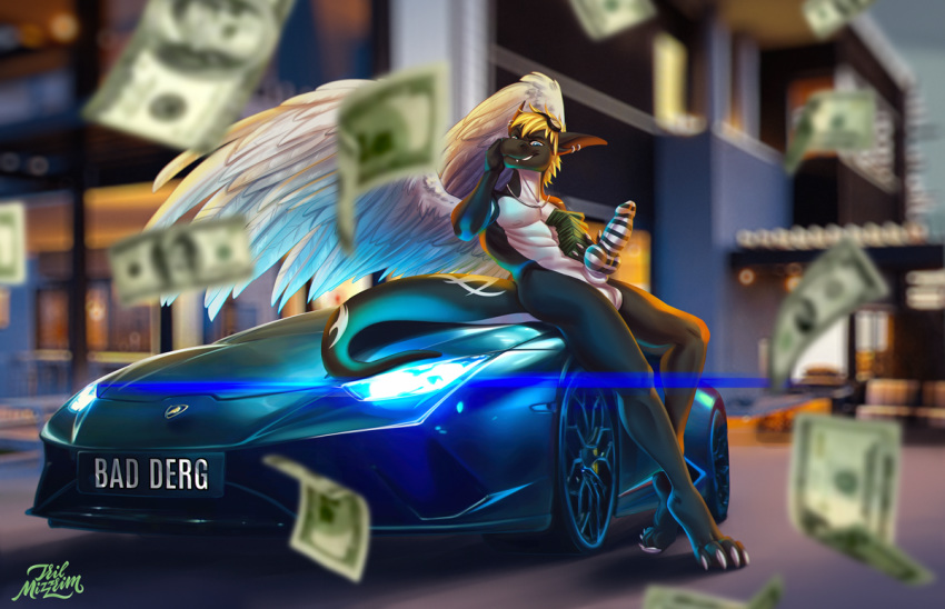 2020 4_toes 5_fingers anthro blue_eyes day detailed_background digital_media_(artwork) dragon feathered_dragon feathered_wings feathers fingers genitals lamborghini male money outside penis sky solo toes tril-mizzrim white_body white_feathers wings