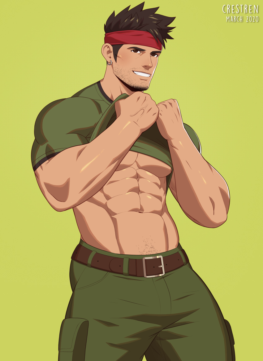 1boy abs absurdres artist_name bara belt biggs_(ff7) brown_eyes brown_hair crestren dated ear_piercing facial_hair final_fantasy final_fantasy_vii green_background green_pants headband highres male_focus muscle navel pants piercing red_headband simple_background smile solo spiked_hair standing stubble undressing