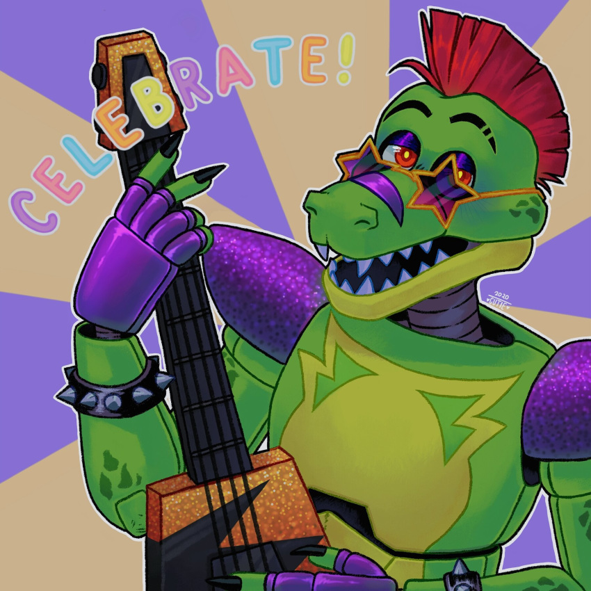 ! 2020 alligator alligatorid animatronic anthro black_eyebrows bodypaint bracelet claws close-up clothing crocodilian cutiepocchari english_text eyebrows eyewear face_paint fangs five_nights_at_freddy's five_nights_at_freddy's:_security_breach glasses gloves green_body guitar hair half-closed_eyes handwear hi_res jewelry looking_at_viewer machine male mohawk_(hairstyle) montgomery_gator_(fnaf) multicolored_body musical_instrument narrowed_eyes open_mouth plucked_string_instrument portrait purple_background red_eyes red_hair reptile robot rockstar scalie sharp_claws sharp_teeth short_hair simple_background solo spiked_bracelet spikes star star_glasses string_instrument teeth text video_games white_sclerea yellow_background yellow_body