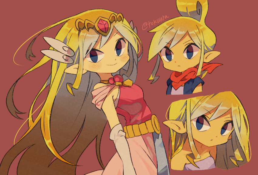 artist_name bangs belt blonde_hair blue_eyes blush closed_mouth commentary_request eyebrows_visible_through_hair eyelashes gender_request gloves hair_ornament multiple_views pink_skirt princess_zelda red_background shiny shiny_hair sidelocks skirt smile tetra the_legend_of_zelda the_legend_of_zelda:_the_wind_waker tiara tokuura vest watermark