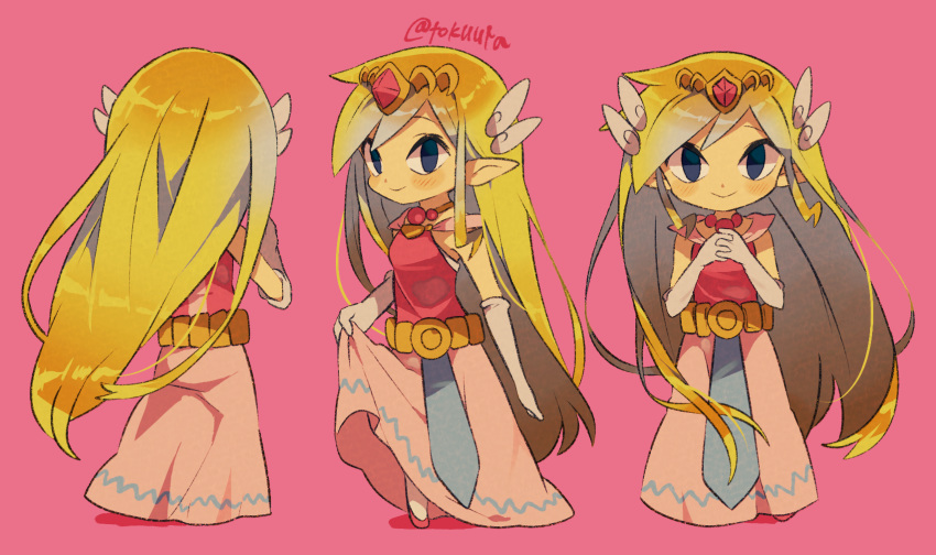 1girl artist_name bangs belt blonde_hair blue_eyes blush closed_mouth commentary_request gloves hair_ornament hands_together highres long_hair looking_at_viewer multiple_views pink_background pointy_ears princess_zelda skirt sleeveless smile the_legend_of_zelda the_legend_of_zelda:_the_wind_waker tiara tokuura watermark