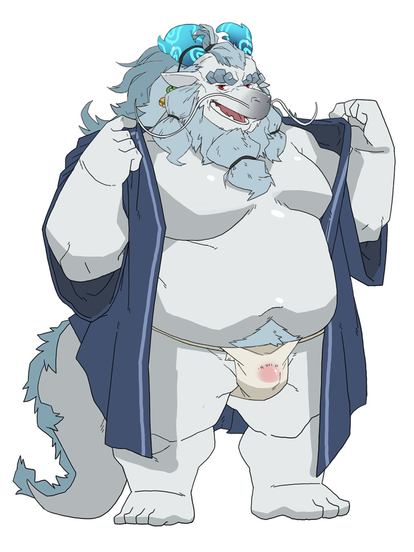 2020 anthro asian_clothing belly bluewhale127 bulge clothing dragon east_asian_clothing fundoshi grey_body hi_res humanoid_hands japanese_clothing kemono male moobs overweight overweight_anthro overweight_male robe simple_background solo underwear white_background