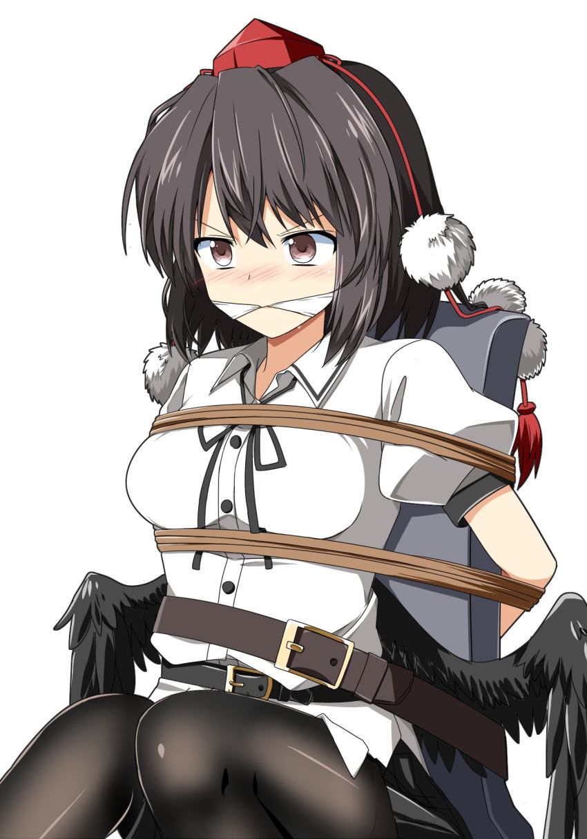 1girl belt black_hair black_legwear blush bound breasts brown_eyes chair cloth_gag gag gagged hat highres improvised_gag neck_ribbon pantyhose pom_pom_(clothes) puffy_short_sleeves puffy_sleeves red_headwear ribbon rise_(rise19851203) rope shameimaru_aya short_sleeves simple_background solo tied_to_chair tokin_hat touhou v-shaped_eyebrows white_background