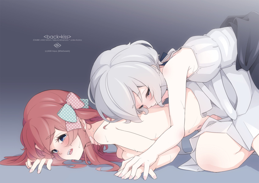 2girls all_fours back_kiss blue_eyes blush bow camisole commentary_request dress_pull gradient gradient_background grey_background grey_hair hair_bow haya_bs highres interlocked_fingers konno_junko long_hair low_twintails minamoto_sakura multiple_girls navel pink_nails polka_dot polka_dot_bow red_hair shirt_removed side_ponytail sweat topless twintails zombie_land_saga