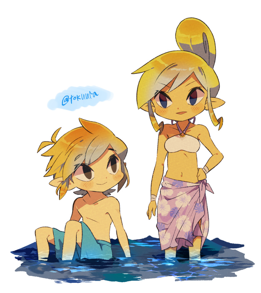 1boy 1girl artist_name bangs bare_arms blonde_hair blush brown_eyes closed_mouth collarbone commentary_request eyebrows_visible_through_hair hand_on_hip highres link looking_at_another male_swimwear navel pointy_ears sarong shirtless sidelocks sitting smile standing swim_trunks swimwear tetra the_legend_of_zelda tokuura wading water watermark wrist_wrap