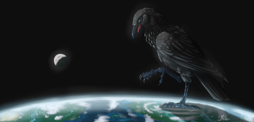 2018 4_toes anisodactyl apothem australian_raven avian bird cloud continents corvid corvus_(genus) deity destruction earth featureless_crotch feet feral giga hi_res looking_down macro magpi male moon oceans open_mouth oscine passerine planet raised_foot raven solo space talons toes tongue