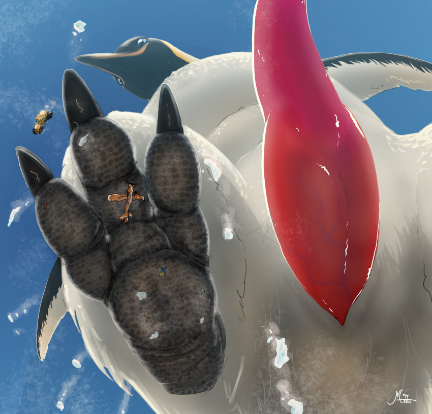 2018 avian big_penis bird bird_feet black_body black_feet black_scales black_talons blue_sky crush destruction emperor_penguin erection feathers feral genitals hi_res looking_at_viewer looking_down low-angle_view macro magpi male penguin penis pink_penis scales sky solo tapering_penis white_body white_feathers worm's-eye_view
