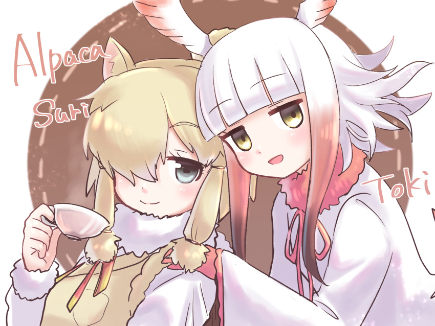 2girls :d alpaca_ears alpaca_suri_(kemono_friends) animal_ear_fluff animal_ears bangs beige_vest blow blunt_bangs brown_hair character_name cup eyebrows_visible_through_hair fur-trimmed_sleeves fur_collar fur_trim gloves gradient gradient_background grey_eyes hair_over_one_eye head_wings highres holding holding_cup horizontal_pupils japanese_crested_ibis_(kemono_friends) kemono_friends long_sleeves looking_at_viewer multiple_girls open_mouth red_gloves red_hair shirt short_hair short_hair_with_long_locks sidelocks simple_background smile teacup tmtkn1 white_hair white_shirt wide_sleeves yellow_eyes