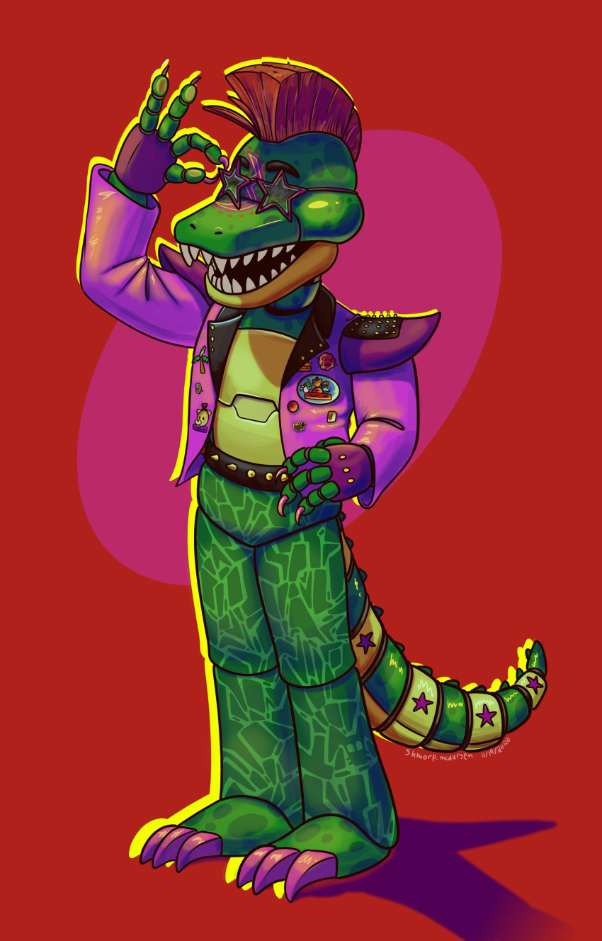 2020 absurd_res alligator alligatorid animatronic anthro badge barefoot belt black_eyebrows bodypaint bottomwear claws clothed clothing coat crocodilian eyebrows eyewear face_paint five_nights_at_freddy's five_nights_at_freddy's:_security_breach glasses gloves green_body green_tail hair handwear hi_res machine male mohawk_(hairstyle) montgomery_gator_(fnaf) multicolored_body multicolored_tail open_mouth palm_tree pants pink_background pseudo_clothing purple_tail raised_arm red_background red_hair reptile robot rockstar scalie sharp_claws sharp_teeth shmorp-mcdurgen short_hair simple_background smile solo spiked_belt spikes standing star star_glasses teeth toe_claws topwear tree video_games yellow_body yellow_tail