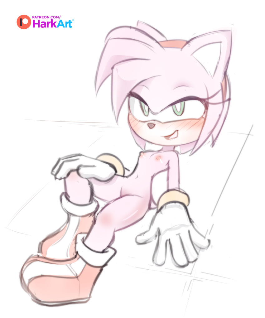 2019 absurd_res amy_rose anthro bedroom_eyes blush breasts clothing eulipotyphlan female footwear full-length_portrait gloves green_eyes hair handwear hark hedgehog hi_res looking_at_viewer mammal mostly_nude narrowed_eyes nipples open_mouth pink_body pink_hair portrait seductive shoes small_breasts solo sonic_the_hedgehog_(series)