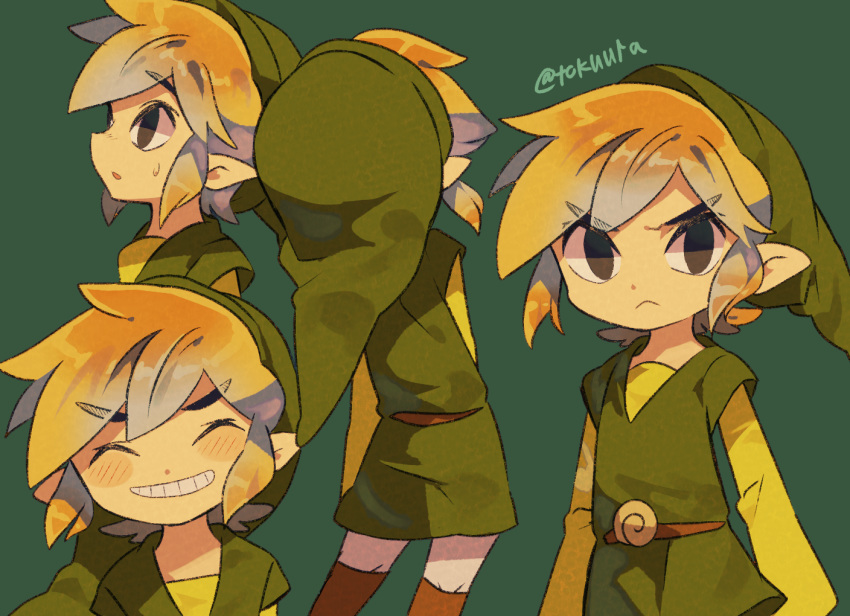 1boy artist_name bangs blonde_hair blush closed_eyes commentary_request eyebrows_visible_through_hair frown green_background green_headwear hat link long_sleeves looking_to_the_side looking_up male_focus multiple_views pointy_ears shiny shiny_hair simple_background smile sweatdrop teeth the_legend_of_zelda tokuura tunic watermark