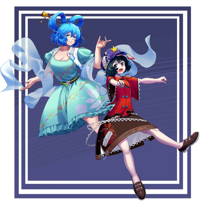 2girls absurdres aqua_dress belt black_neckwear black_ribbon black_skirt blue_background blue_eyes blue_hair border breasts brown_footwear cabbie_hat cleavage collarbone commentary_request dress floral_print flower full_body hagoromo hair_between_eyes hair_ornament hair_rings hair_stick hat hat_ornament highres index_finger_raised jiangshi kaku_seiga looking_at_viewer medium_breasts megato miyako_yoshika multiple_girls ofuda open_clothes open_mouth open_vest outstretched_arms paperclip parted_lips puffy_short_sleeves puffy_sleeves purple_hair red_shirt ribbon sharp_teeth shawl shirt short_hair short_sleeves skirt skull_and_crossbones skull_ornament small_breasts smile star_(symbol) star_hat_ornament teeth touhou vest white_vest wide_sleeves zombie_pose