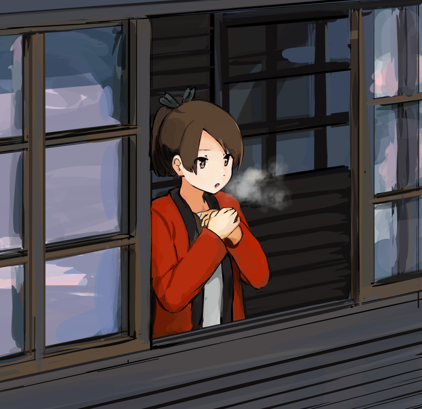 1girl absurdres bangs black_hairband breath brown_eyes brown_hair cold commentary_request hair_ribbon hair_tie hairband hands_together highres jacket kantai_collection looking_ahead looking_out_window looking_outside morakkyo_(mephilas_g3) open_mouth open_window parted_bangs ponytail red_jacket ribbon shikinami_(kantai_collection) shirt short_hair solo white_shirt window wooden_floor wooden_wall