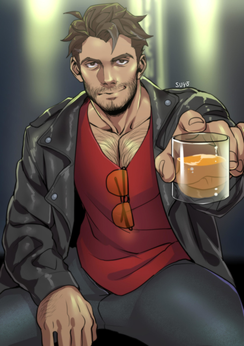1boy absurdres alcohol artist_name beard black_jacket black_pants brown_eyes brown_hair chest_hair dream_daddy:_a_dad_dating_simulator eyewear_removed facial_hair highres jacket leather leather_jacket looking_at_viewer male_focus outdoors pants red_shirt robert_small shirt sitting solo stubble suyohara