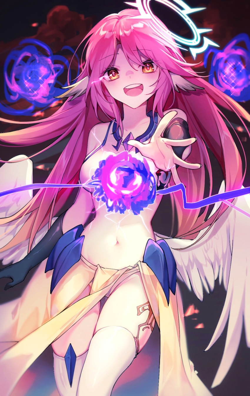 1girl angel_wings breasts commentary_request crop_top cross eyebrows_visible_through_hair feathered_wings gloves gradient_hair halo highres jibril_(no_game_no_life) large_breasts long_hair looking_at_viewer low_wings magic magic_circle midriff multicolored_hair navel no_game_no_life open_mouth pink_hair round_teeth solo symbol-shaped_pupils tattoo teeth thighhighs very_long_hair white_wings wing_ears wings yellow_eyes yunweishukuang