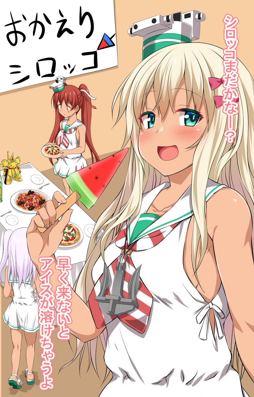 3girls :d absurdres blonde_hair blush bow brown_eyes brown_hair dress eyebrows_visible_through_hair food fork grecale_(kantai_collection) green_eyes gundam hair_between_eyes hair_bow highres holding holding_food kantai_collection libeccio_(kantai_collection) long_hair maestrale_(kantai_collection) mizunoe_kotaru multiple_girls neckerchief open_mouth pasta pink_bow pizza plate popsicle sailor_collar sailor_dress silver_hair sleeveless sleeveless_dress smile the_o translation_request twintails white_dress white_sailor_collar zeta_gundam