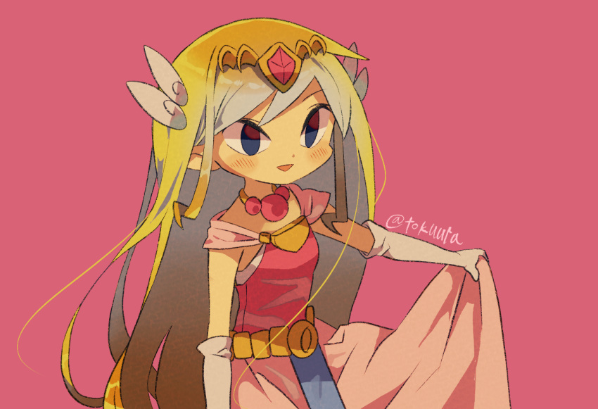 1girl artist_name bangs belt blonde_hair blue_eyes blush commentary_request floating_hair gloves hair_ornament holding holding_clothes holding_skirt jewelry long_hair necklace open_mouth pink_background pink_skirt princess_zelda simple_background skirt smile solo the_legend_of_zelda the_legend_of_zelda:_the_wind_waker tiara tokuura watermark