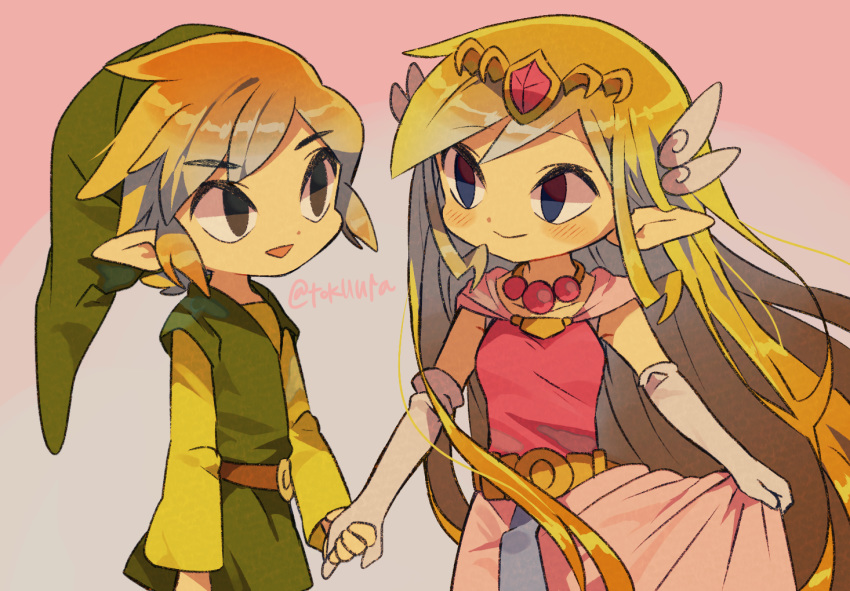 1boy 1girl bangs belt blonde_hair blue_eyes blush closed_mouth commentary_request eye_contact eyelashes floating_hair gloves green_headwear grey_gloves hair_ornament hat holding holding_clothes holding_hands holding_skirt link long_hair long_sleeves looking_at_another pink_skirt pointy_ears princess_zelda shiny shiny_hair skirt smile the_legend_of_zelda the_legend_of_zelda:_the_wind_waker tiara tokuura