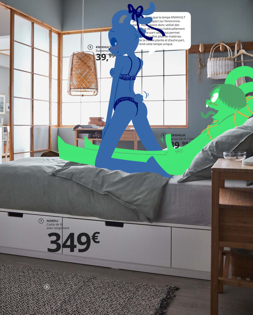 2020 absurd_res anthro anthro_on_anthro aroused bed blue_body bound bra clothed clothed/nude clothed_female_nude_male clothing duo edit erection female furniture green_body green_hair hair hi_res ikea kneeling lagomorph leporid lying male male/female mammal nude on_back on_bed panties photo_background photo_manipulation pomme_d'amour pubes rabbit rope rope_bondage teasing text tongue tongue_out translation_request underwear underwear_only