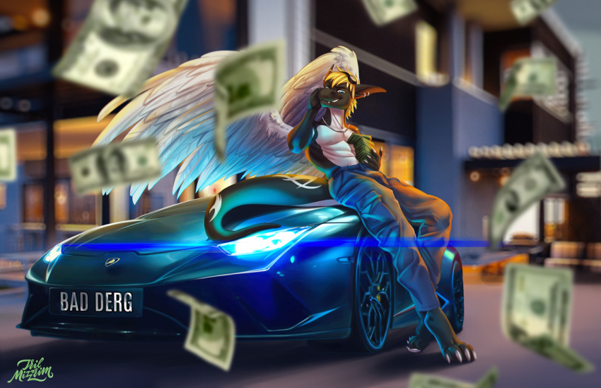 2020 4_toes 5_fingers anthro barefoot blue_eyes day detailed_background digital_media_(artwork) dragon feathered_dragon feathered_wings feathers fingers lamborghini male money outside sky solo toes tril-mizzrim white_body white_feathers wings