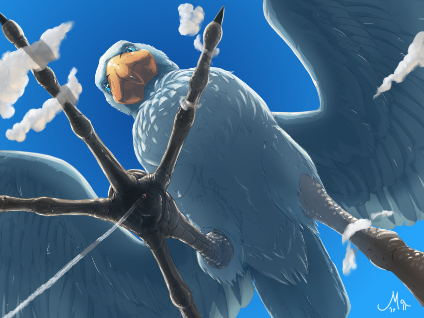 2019 4_toes ambiguous_gender anisodactyl avian beak bird blue_eyes cloud feathered_wings feathers featureless_crotch feral hi_res low-angle_view macro magpi mega_macro pelecaniform scales shoebill solo spread_wings toes white_body white_feathers wings worm's-eye_view yellow_beak yellow_body yellow_scales