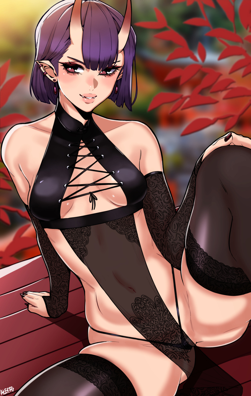 1girl alecto_0 autumn autumn_leaves black_gloves black_nails black_panties breasts brown_eyes ear_piercing earrings elbow_gloves fate/grand_order fate_(series) gloves hand_on_own_knee highres horns jewelry lips navel oni oni_horns panties piercing purple_hair revealing_clothes short_hair shuten_douji_(fate/grand_order) signature small_breasts smile spread_legs underwear