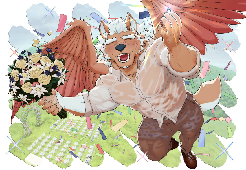 5_fingers absurd_res anthro bodily_fluids bouquet brown_body brown_clothing brown_footwear brown_fur brown_shoes canid canine canis chair clothed clothing confetti demon dress_shirt eyes_closed facial_scar fingers flower flying footwear fur furniture hair hi_res holding_object male mammal marchosias_(tas) muscular muscular_anthro muscular_male nipples open_mouth pattern_clothing pattern_underwear pecs plant proposal ring ripped-saurian scar shirt shoes solo suit tears teeth tokyo_afterschool_summoners topwear translucent translucent_clothing underwear video_games wedding white_hair wings wolf