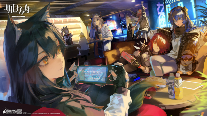 2boys 5girls animal_ears apple_pie arknights bar bartender bird bison_(arknights) cellphone commentary_request couch cow_horns croissant_(arknights) cup demon_horns disposable_cup drinking_straw emperor_penguin energy_wings exusiai_(arknights) game_console halo highres horns kiriyama lap_pillow mostima_(arknights) multiple_boys multiple_girls night official_art penguin penguin_logistics_(arknights) phone plastic_bottle playing_games sora_(arknights) table texas_(arknights) the_emperor_(arknights) tray wolf_ears