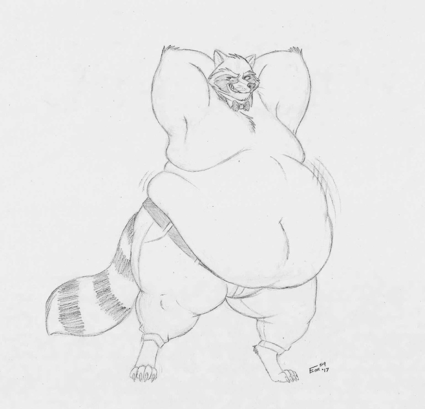 anthro barefoot belly belt big_belly bottomwear bow_tie clothing denim denim_clothing eon54 guardians_of_the_galaxy hands_behind_head hi_res jeans jiggle love_handles male mammal marvel moobs navel obese obese_anthro obese_male overweight overweight_anthro overweight_male pants procyonid raccoon ringtail rocket_raccoon smile smirk solo solo_focus thick_thighs traditional_drawing_(artwork) traditional_media_(artwork)