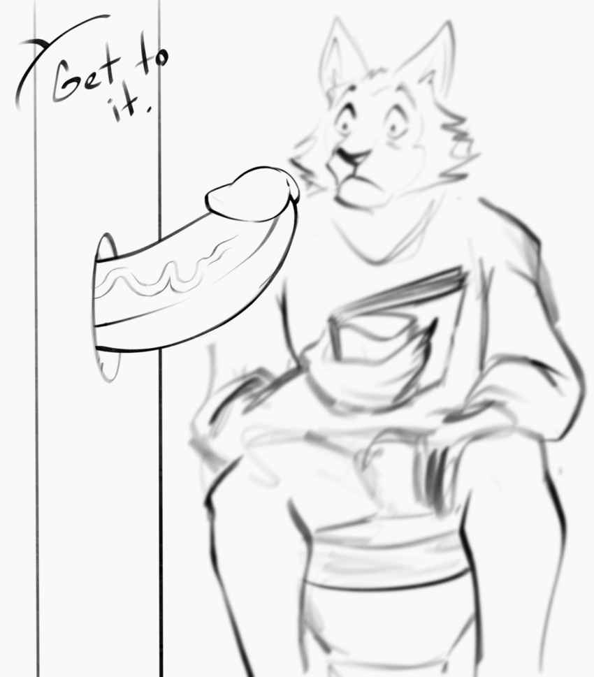 anthro bathroom beastars book canid canine canis claws demanding dialogue doost duo genitals glory_hole hand_on_leg hand_on_thigh hi_res imminent_sex legoshi_(beastars) male male/male mammal penis public_restroom restroom_stall sitting surprise toilet wolf