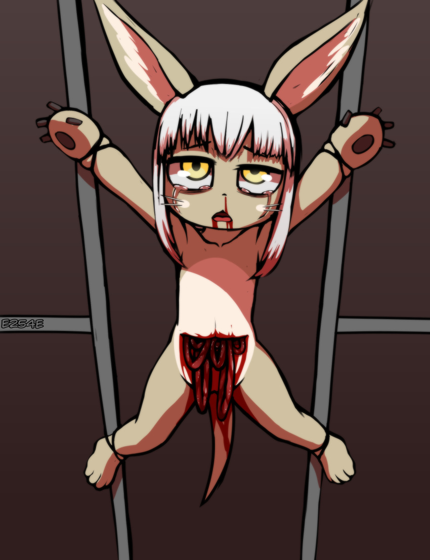 absurd_res anthro arms_tied blessed blood bodily_fluids bound brown_body brown_fur crying cute_expression e254e female fur gore guts hi_res intestines lagomorph legs_tied leporid made_in_abyss mammal nanachi nude rabbit snuff solo suffering tears torture young