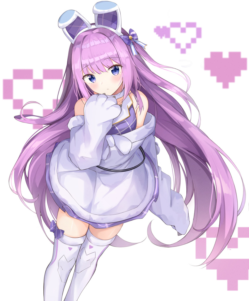 1girl absurdres animal_ears azur_lane bangs bare_shoulders bow bunny_ears closed_mouth collared_shirt commentary_request dress ds_a elbow_gloves eyebrows_visible_through_hair fake_animal_ears gloves hair_bow head_tilt heart heart_background highres huge_filesize long_hair looking_at_viewer off-shoulder_dress off_shoulder paw_gloves paws plaid purple_bow purple_eyes purple_hair purple_shirt shirt sleeveless sleeveless_shirt solo tashkent_(azur_lane) tashkent_(muse)_(azur_lane) thighhighs very_long_hair white_background white_dress white_gloves white_legwear