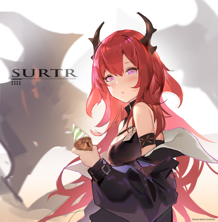 1girl :o arknights armband bangs bare_shoulders black_jacket blush breasts character_name chinese_commentary commentary_request food hair_between_eyes highres holding holding_food horns ice_cream jacket kuhnowushi long_hair long_sleeves looking_at_viewer medium_breasts off_shoulder parted_lips partial_commentary photoshop_(medium) purple_eyes red_hair revision solo surtr_(arknights) upper_body
