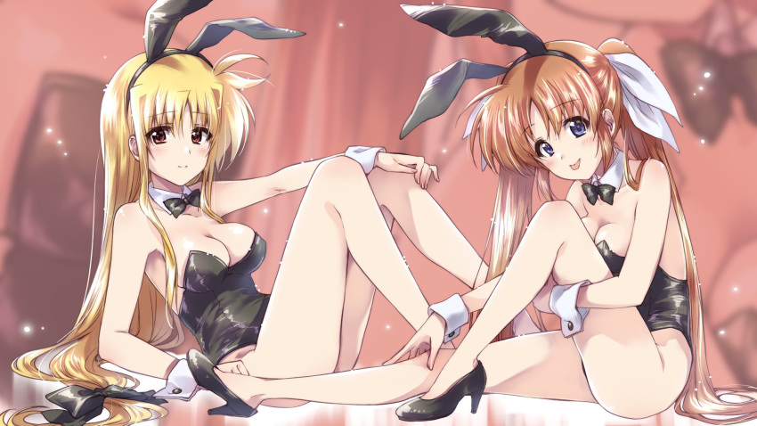 2girls animal_ears bare_legs black_footwear black_leotard black_neckwear blonde_hair blue_eyes bow bowtie breasts brown_hair bunny_ears bunny_tail commentary_request commission detached_collar fate_testarossa head_tilt high_heels highres kuroi_mimei legs leotard long_hair looking_at_viewer lyrical_nanoha mahou_shoujo_lyrical_nanoha mahou_shoujo_lyrical_nanoha_a's medium_breasts multiple_girls playboy_bunny red_eyes sitting skeb_commission strapless strapless_leotard tail takamachi_nanoha tongue tongue_out twintails wrist_cuffs zoom_layer