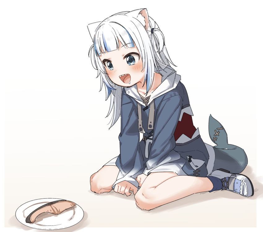 1girl :d animal_ear_fluff animal_ears bangs between_legs blue_eyes blue_hair blue_hoodie blue_legwear cat_ears commentary drawstring drooling english_commentary eyebrows_visible_through_hair fish_tail food full_body gawr_gura hand_between_legs highres hololive hololive_english hood hood_down hoodie kemonomimi_mode long_hair long_sleeves looking_away multicolored_hair open_mouth plate saliva shark_tail sharp_teeth shoes sitting sleeves_past_wrists smile socks solo streaked_hair tail teeth two_side_up virtual_youtuber wariza white_background white_footwear white_hair yukie_(kusaka_shi)