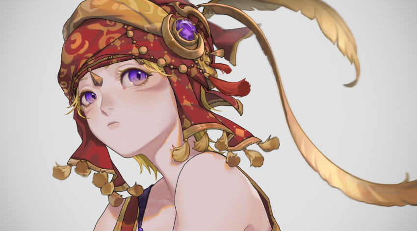 1girl bare_shoulders blonde_hair closed_mouth eyelashes facial_mark facing_away feathers final_fantasy final_fantasy_xiv frown highres looking_away looking_to_the_side miqo'te purple_eyes short_hair slit_pupils solo tassel turban upper_body yellow_feathers yoshikyuu