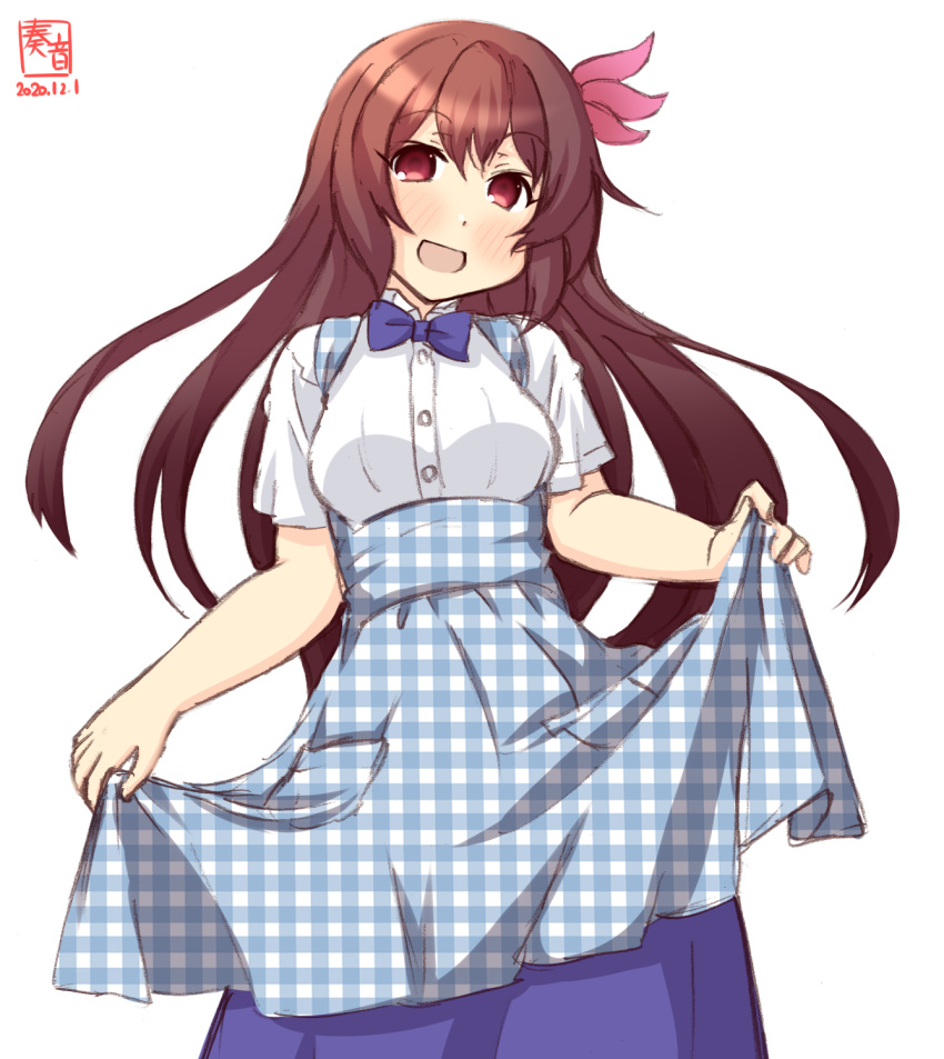 apron artist_logo blue_apron blue_bow blue_neckwear blue_skirt bow bowtie brown_eyes brown_hair commentary_request dated employee_uniform gingham_apron hair_ornament highres kanon_(kurogane_knights) kantai_collection kisaragi_(kantai_collection) kobeya kobeya_uniform long_hair shirt short_sleeves simple_background skirt skirt_hold smile uniform unmoving_pattern waitress white_background white_shirt