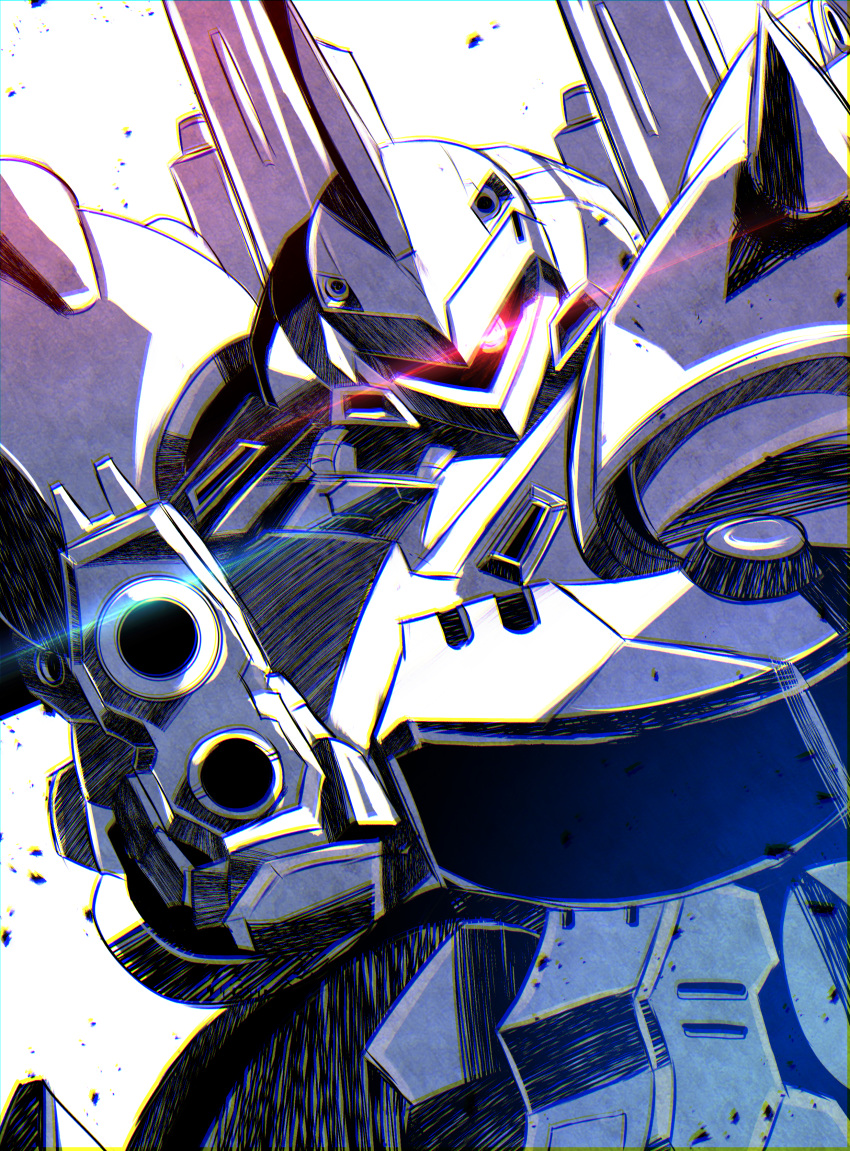 absurdres aiming aiming_at_viewer close-up glowing glowing_eye gun gundam gundam_0080 highres holding holding_gun holding_weapon horns huge_filesize kampfer_(mobile_suit) looking_to_the_side mecha no_humans one-eyed papa-kun_(destiny549-2) science_fiction single_horn solo spot_color weapon zeon