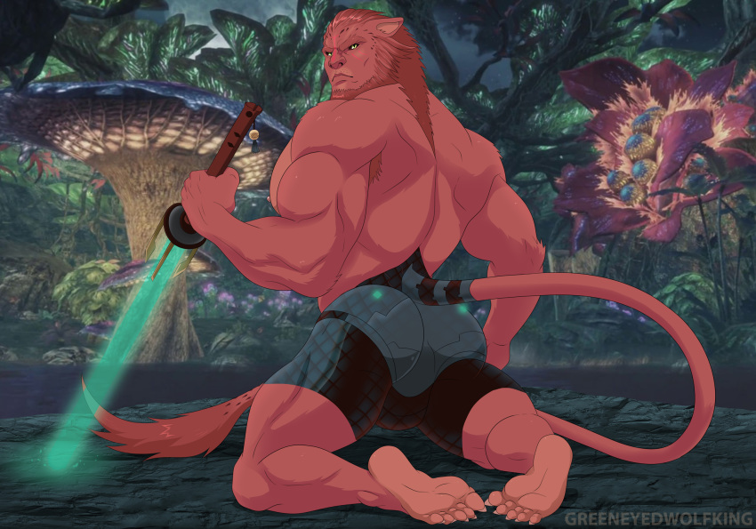 5_toes anthro armpit_hair biceps black_sclera body_hair butt claws clothed clothing fungus ga_jiarg greeneyedwolfking hi_res holding_object holding_sword holding_weapon kneeling looking_back male melee_weapon muscular muscular_anthro muscular_male nipples plant rear_view soles solo sword tail_tuft toe_claws toes topless tuft weapon wrothian xenoblade_chronicles_x yellow_eyes