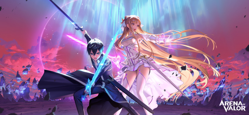1boy 1girl absurdres arena_of_valor arm_up armor armpits asuna_(sao) asuna_(stacia) aurora bangs belt black_coat black_hair black_pants blue_eyes braid breastplate breasts brown_eyes brown_hair cloud coat copyright_name detached_collar dress dual_wielding elbow_gloves feet_out_of_frame fighting_stance floating_hair floating_rock gloves glowing glowing_sword glowing_weapon gradient_sky highres holding holding_sword holding_weapon hyulla kirito long_hair long_sleeves looking_at_viewer looking_away looking_to_the_side magic medium_breasts outdoors outstretched_arm pants parted_bangs pink_sky sheath short_dress sky standing straight_hair sword sword_art_online sword_art_online:_alicization sword_art_online:_alicization_-_war_of_underworld thighhighs unsheathed v-shaped_eyebrows very_long_hair weapon white_dress white_gloves white_legwear zettai_ryouiki