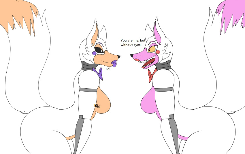 anthro big_butt butt canid canine curvy_figure duo female female/female five_nights_at_freddy's five_nights_at_freddy's_world funtime_foxy_(fnaf) funtime_foxy_(fnafsl) lolbit_(fnaf) machine mammal photolol.03 robot simple_background the_truth tongue tongue_out video_games white_body wide_hips