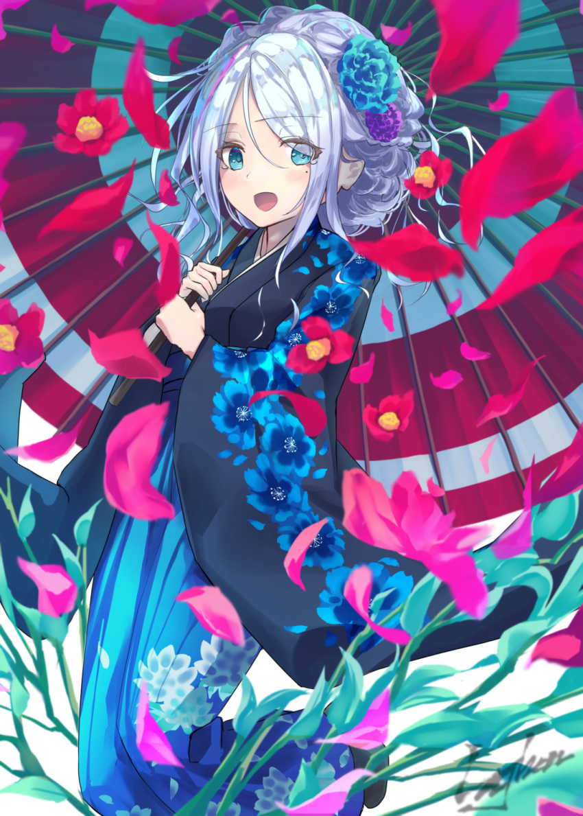 1girl alternate_costume alternate_hairstyle black_kimono blue_flower blue_umbrella floral_print flower hair_flower hair_ornament highres holding holding_umbrella japanese_clothes kantai_collection kimono lajhen2651 mole mole_under_eye multicolored_umbrella oriental_umbrella print_kimono purple_flower red_umbrella silver_hair solo umbrella umikaze_(kantai_collection) wide_sleeves