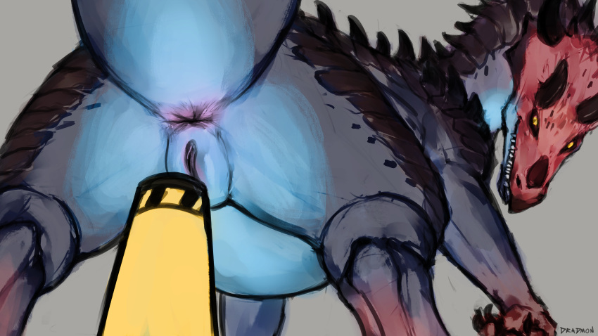 16:9 2020 4_toes absurd_res anus arm_spikes back_spikes black_and_white black_eyes black_horn black_spikes blue_body blue_skin blue_tail bollard brown_body brown_claws brown_horn brown_scales butt claws curved_horn digital_drawing_(artwork) digital_media_(artwork) dinosaur dradmon dragon female feral flyssa_(bruvelighe) genitals grey_background grey_body grey_skin grey_tail hi_res horn hybrid imminent_masturbation improvised_dildo improvised_sex_toy looking_back monochrome multicolored_body multicolored_skin pink_body pink_feet pink_nose pink_skin presenting presenting_anus presenting_hindquarters presenting_pussy pupils purple_anus purple_pussy pussy quadruped raised_tail rear_view reptile scales scalie sharp-claws sharp_teeth shoulder_spikes signature simple_background sketch slit_pupils smaller_version_at_source smile smooth_horn solo spikes spikes_(anatomy) standing story story_in_description teeth theropod thick_thighs toe_claws toes two_tone_tail ultimasaurus western_dragon widescreen wingless_dragon yellow_sclera