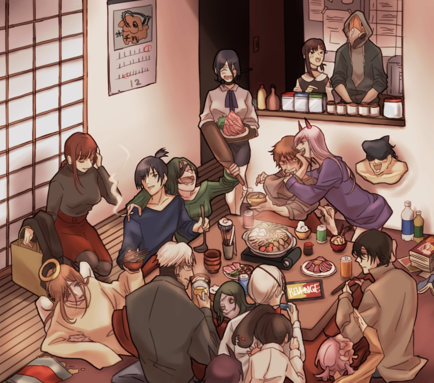 angel_devil_(chainsaw_man) asutero92 bottle chainsaw_man character_request demon_horns denji_(chainsaw_man) eating food horns makima_(chainsaw_man) multiple_boys multiple_girls pochita_(chainsaw_man) power_(chainsaw_man) reclining red_horns sitting smoking