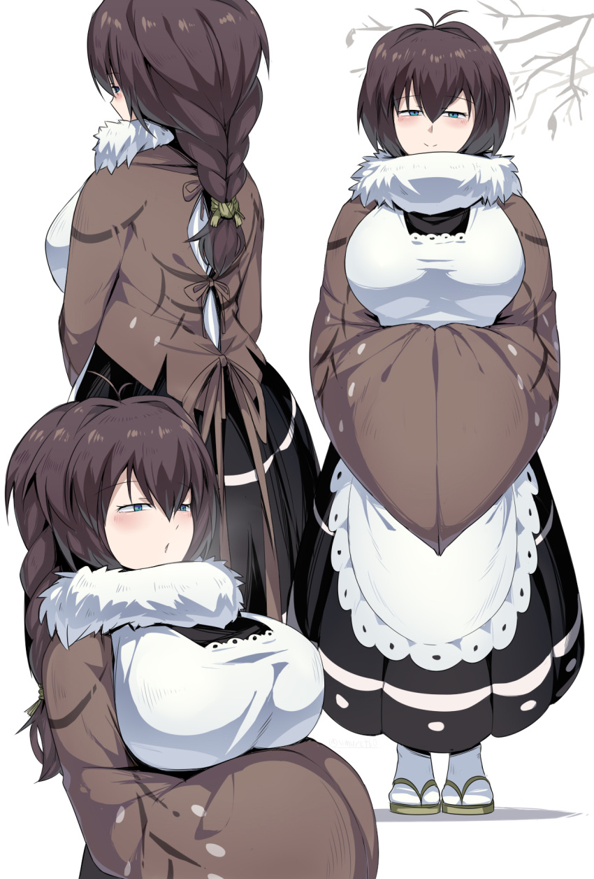 1girl apron bird blue_eyes braid breasts brown_hair eurasian_tree_sparrow highres japanese_clothes large_breasts long_hair multiple_views original personification shimure_(460) single_braid smile sparrow tabi white_apron white_legwear wide_sleeves zouri