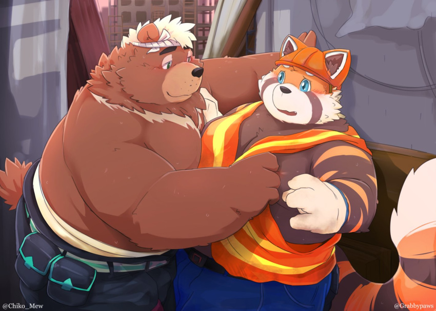 ailurid anthro armor belly blush chiko_mew clothed clothing construction_worker duo flirting goro_(live-a-hero) headgear helmet live-a-hero male male/male mammal moobs musclegut nipple_fetish nipple_pinch nipple_play overweight overweight_male pinch red_panda slightly_chubby topless ursid