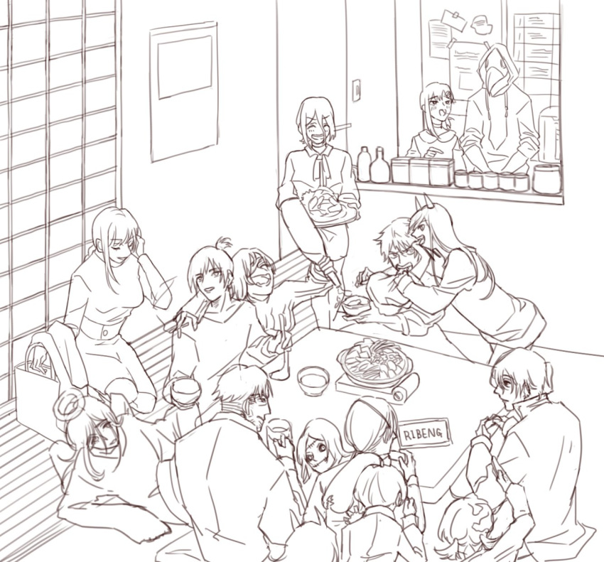 angel_devil_(chainsaw_man) asutero92 bottle chainsaw_man character_request demon_horns denji_(chainsaw_man) eating food highres horns lineart makima_(chainsaw_man) monochrome multiple_boys multiple_girls pochita_(chainsaw_man) power_(chainsaw_man) reclining sitting smoking