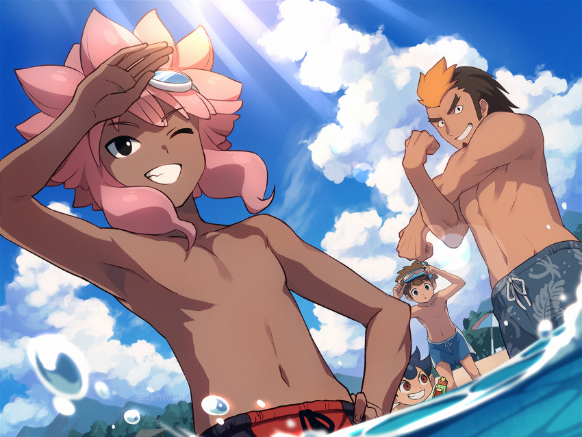4boys arm_up armpits bangs bare_pecs black_eyes blue_hair blue_sky brown_hair character_request check_character cloud commentary dark_skin dark_skinned_male day dutch_angle eyebrows_visible_through_hair facial_hair goatee goggles goggles_on_head grin highres hijikata_raiden inazuma_eleven inazuma_eleven_(series) kogure_yuuya lens_flare light_rays looking_at_viewer male_focus male_swimwear marine_day multicolored_hair multiple_boys muscle navel no_nipples one_eye_closed orange_hair outdoors partially_submerged red_eyes sayshownen short_hair sideburns sky smile spiked_hair sunbeam sunlight swim_trunks swimwear tachimukai_yuuki teeth toned toned_male tsunami_jousuke twitter_username two-tone_hair very_dark_skin wading water water_drop watermark